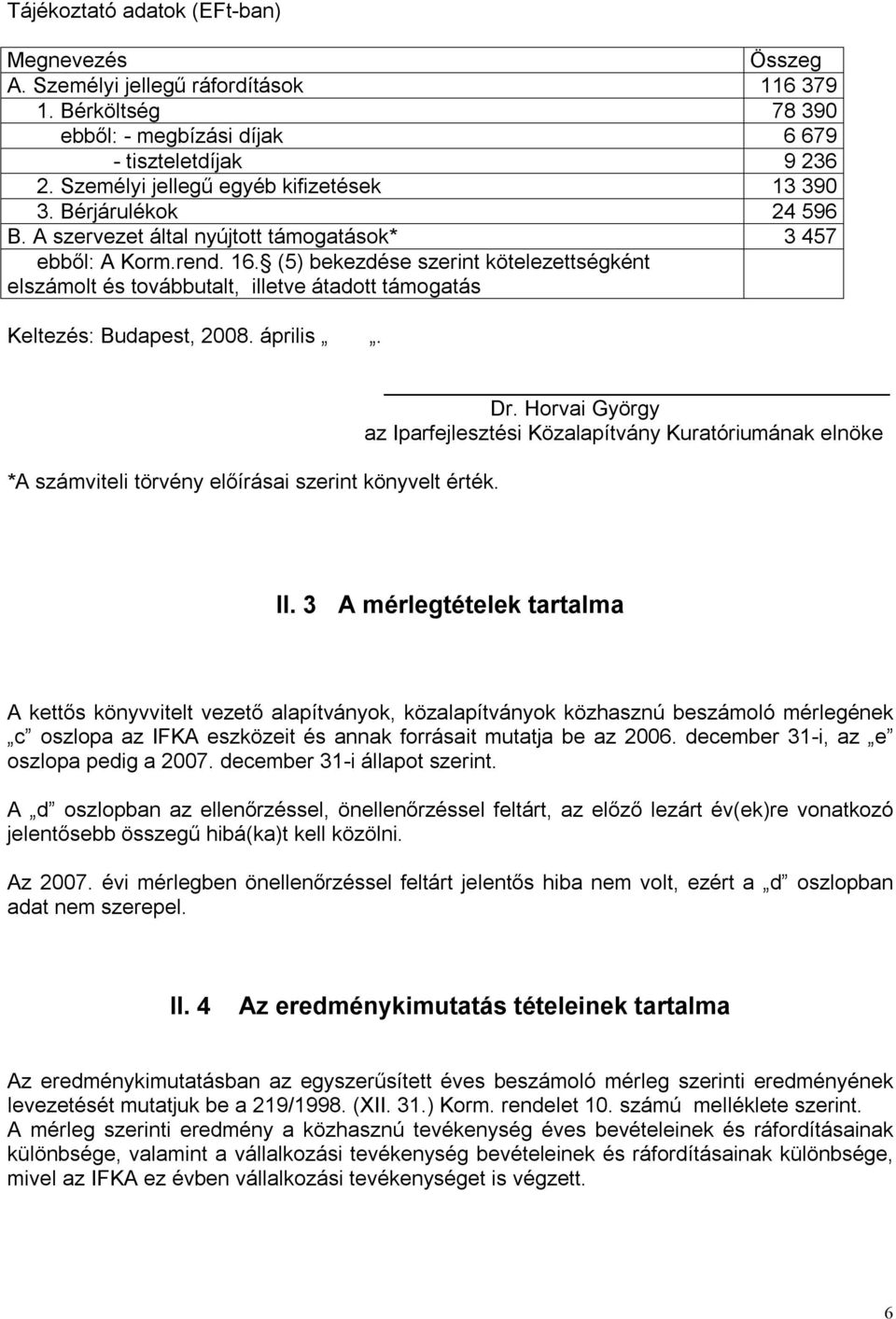 (5) bekezdése szerint kötelezettségként elszámolt és továbbutalt, illetve átadott támogatás Keltezés: Budapest, 2008. április. *A számviteli törvény előírásai szerint könyvelt érték. Dr.