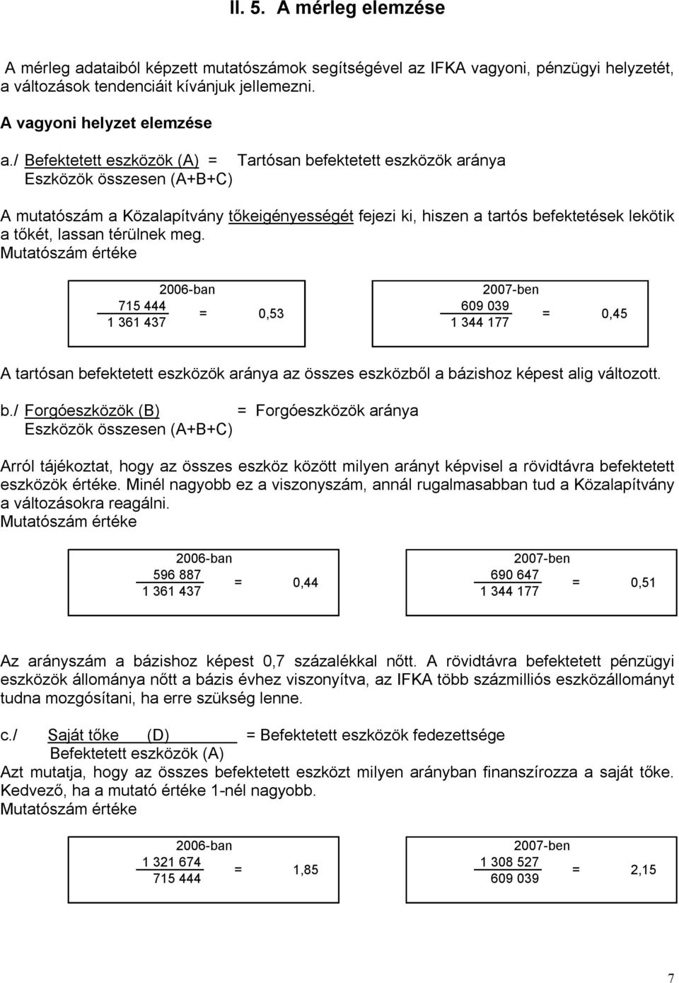 lassan térülnek meg. Mutatószám értéke 2006-ban 2007-ben 715 444 609 039 = 0,53 = 1 361 437 1 344 177 0,45 A tartósan befektetett eszközök aránya az összes eszközből a bázishoz képest alig változott.