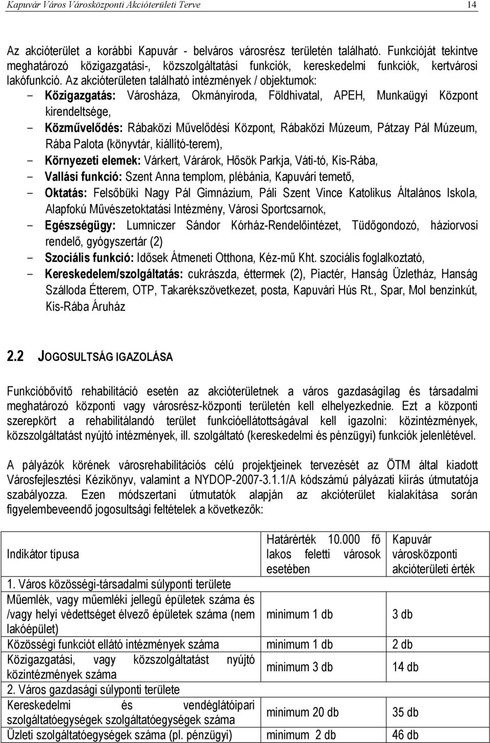 Az akcióterületen található intézmények / objektumok: - Közigazgatás: Városháza, Okmányiroda, Földhivatal, APEH, Munkaügyi Központ kirendeltsége, - Közművelődés: Rábaközi Művelődési Központ, Rábaközi