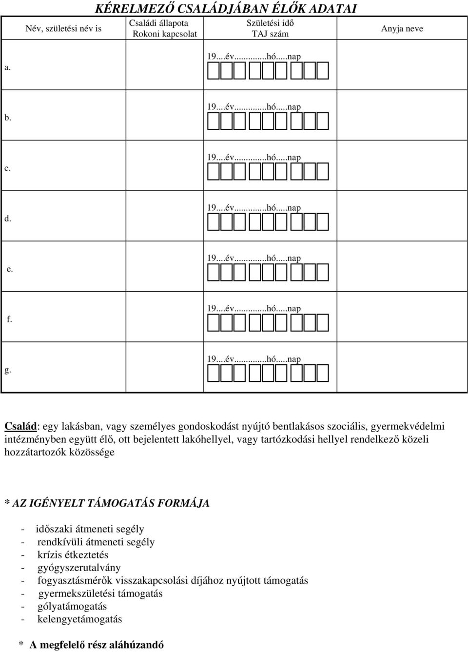 tartózkodási hellyel rendelkező közeli hozzátartozók közössége * AZ IGÉNYELT TÁMOGATÁS FORMÁJA - időszaki átmeneti segély - rendkívüli átmeneti segély - krízis