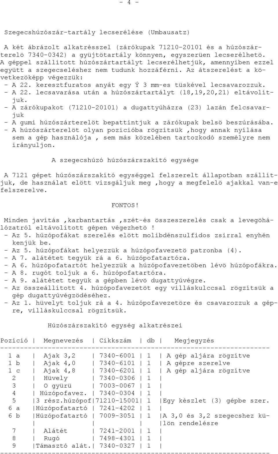 keresztfuratos anyát egy Ý 3 mm-es tüskével lecsavarozzuk. - A 22. lecsavarása után a húzószártartályt (18,19,20,21) eltávolítjuk.