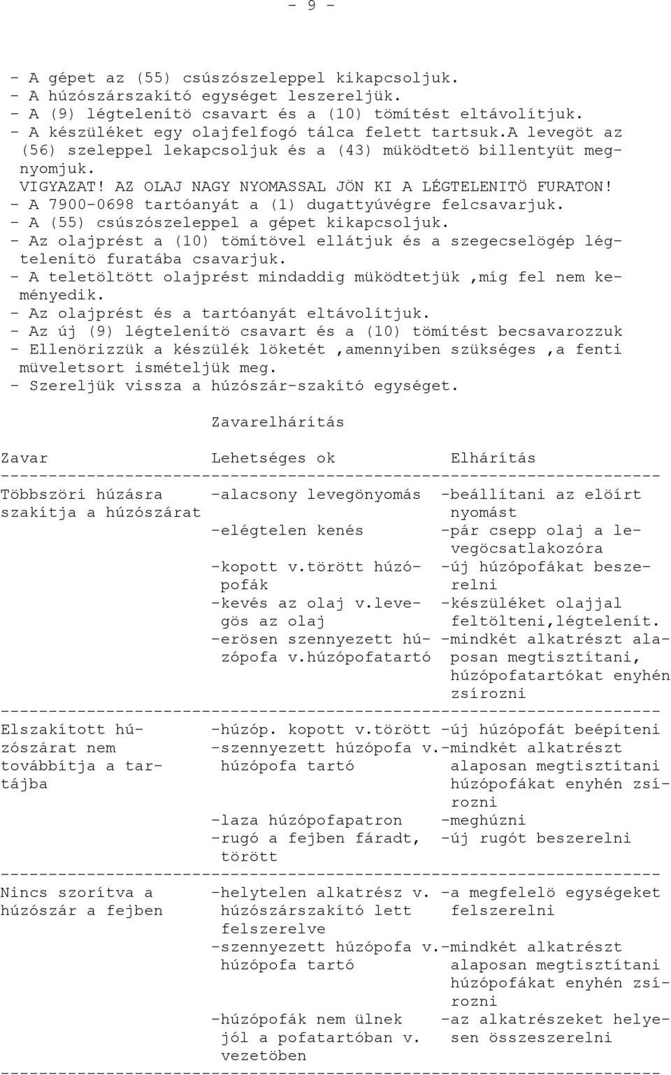 - A 7900-0698 tartóanyát a (1) dugattyúvégre felcsavarjuk. - A (55) csúszószeleppel a gépet kikapcsoljuk. - Az olajprést a (10) tömítövel ellátjuk és a szegecselögép légtelenítö furatába csavarjuk.