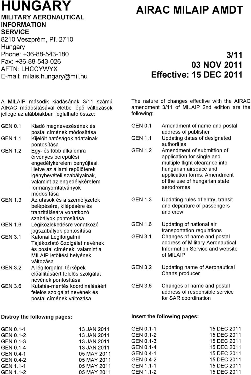 changes effective with the AIRAC amendment 3/11 of MILAIP 2nd edition are the following: GEN 0.1 GEN 1.1 GEN 1.2 GEN 1.3 GEN 1.6 GEN 3.1 GEN 3.2 GEN 3.