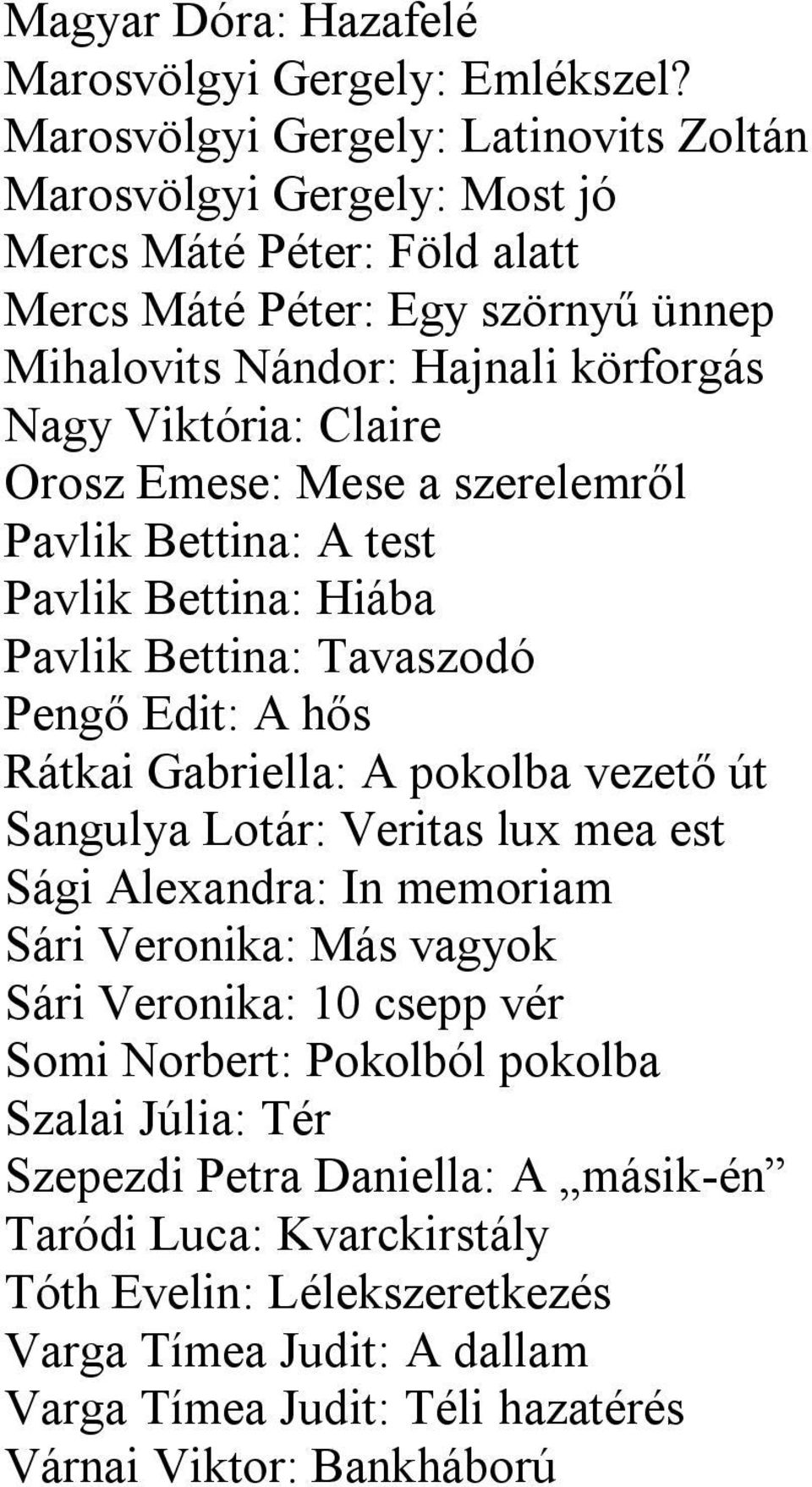 Claire Orosz Emese: Mese a szerelemről Pavlik Bettina: A test Pavlik Bettina: Hiába Pavlik Bettina: Tavaszodó Pengő Edit: A hős Rátkai Gabriella: A pokolba vezető út Sangulya Lotár: