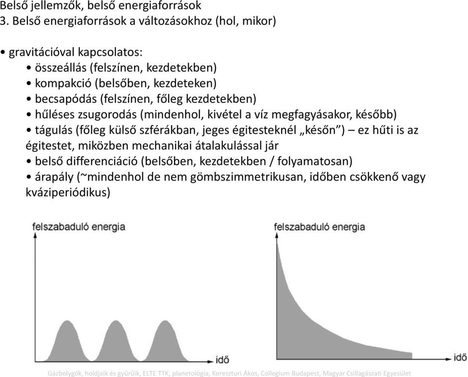 főleg kezdetekben) hűléses zsugorodás (mindenhol, kivétel a víz megfagyásakor, később) tágulás (főleg külső szférákban, jeges égitesteknél későn ) ez hűti is az égitestet,