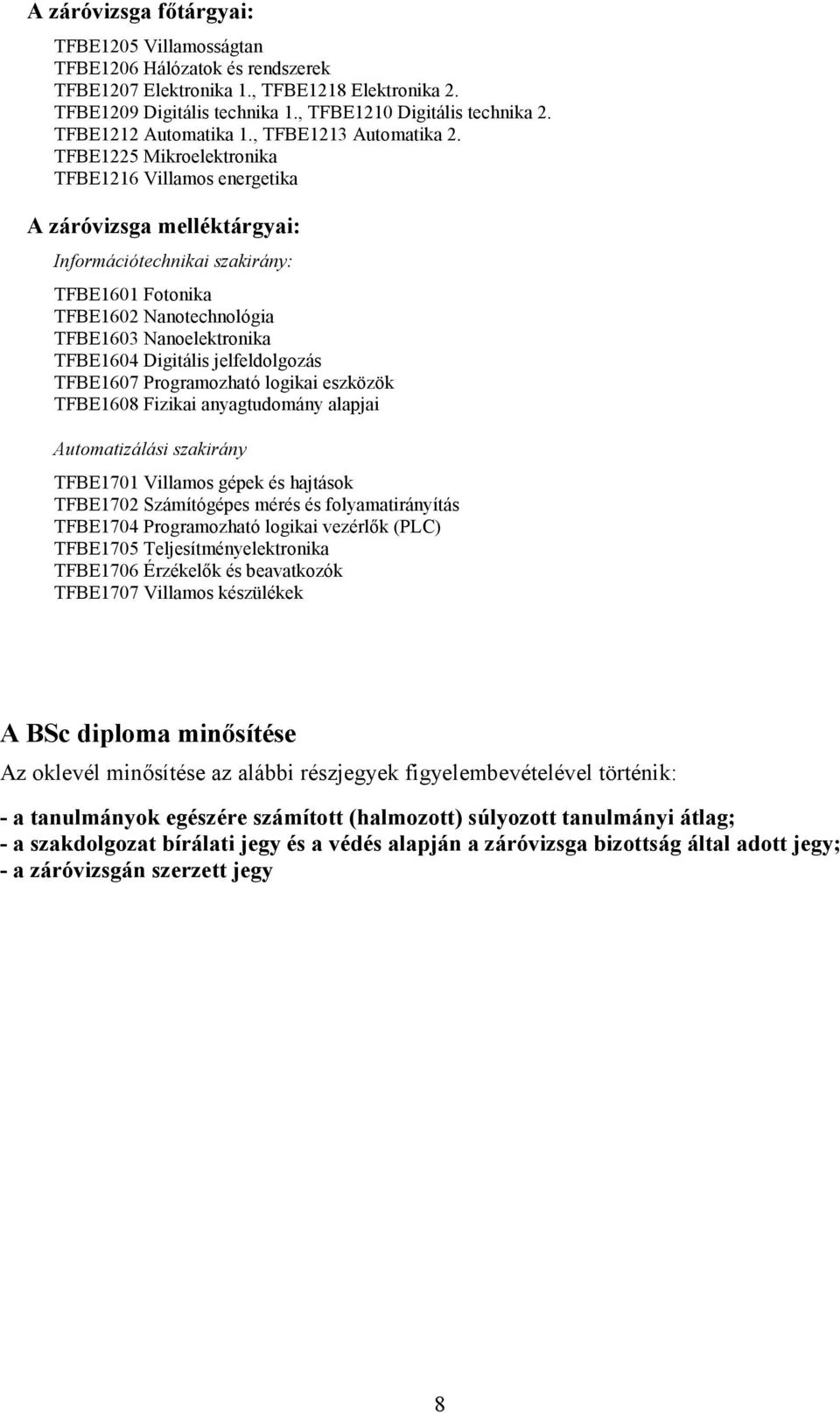 TFBE1225 Mikroelektronika TFBE1216 Villamos energetika A záróvizsga melléktárgyai: Információtechnikai szakirány: TFBE1601 Fotonika TFBE1602 Nanotechnológia TFBE1603 Nanoelektronika TFBE1604