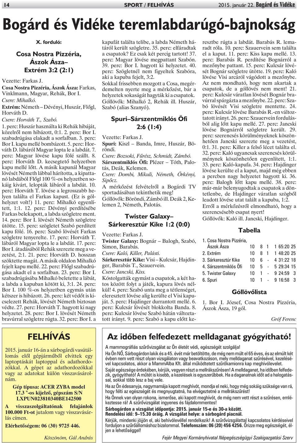 perc: Huszár használta ki Rehák hibáját, közelrõl nem hibázott, 0:1. 2. perc: Bor I. szabadrúgása elakadt a sorfalban. 3. perc: Bor I. kapu mellé bombázott. 5. perc: Horváth D.