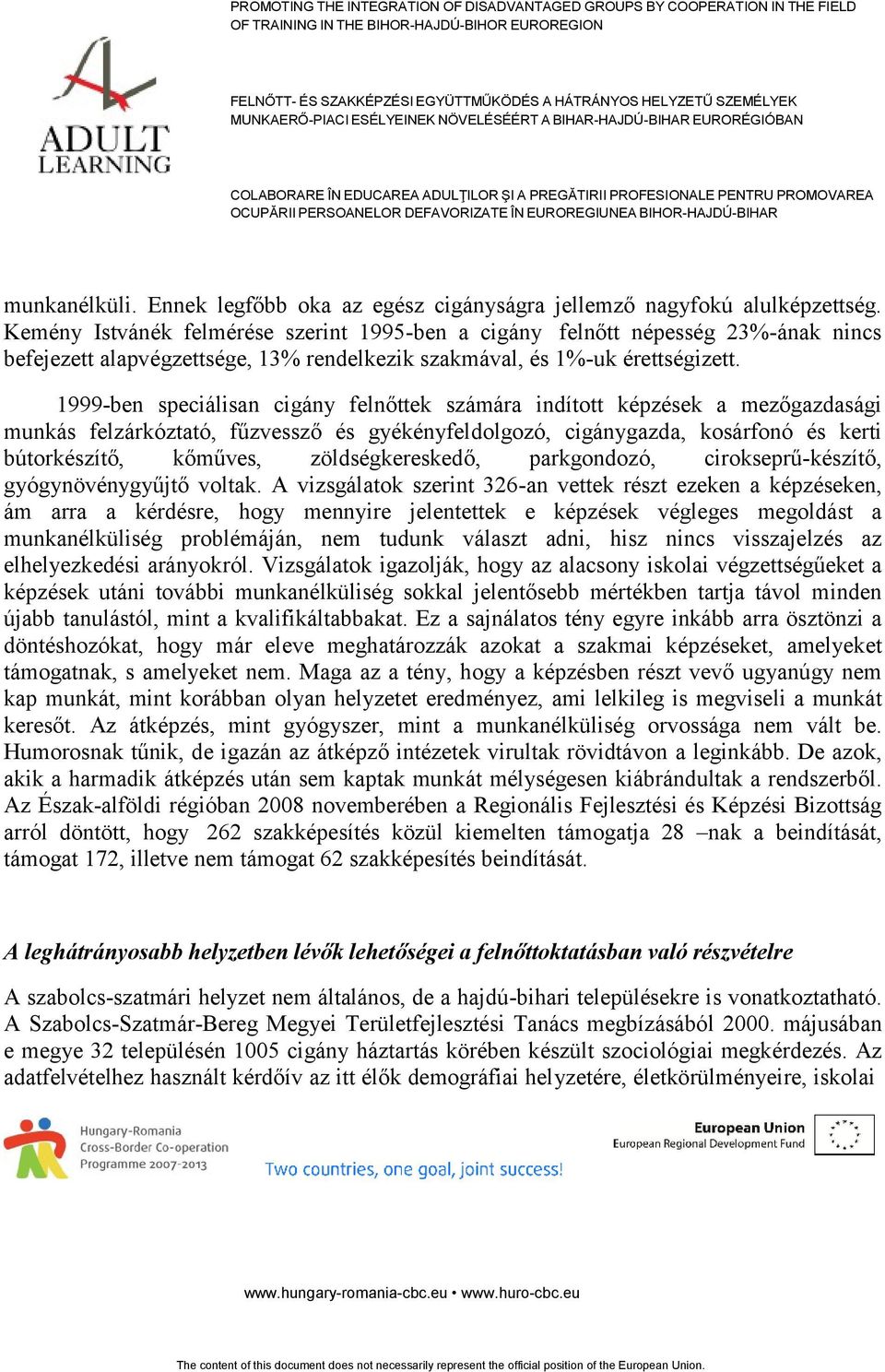 1999-ben speciálisan cigány felnőttek számára indított képzések a mezőgazdasági munkás felzárkóztató, fűzvessző és gyékényfeldolgozó, cigánygazda, kosárfonó és kerti bútorkészítő, kőműves,