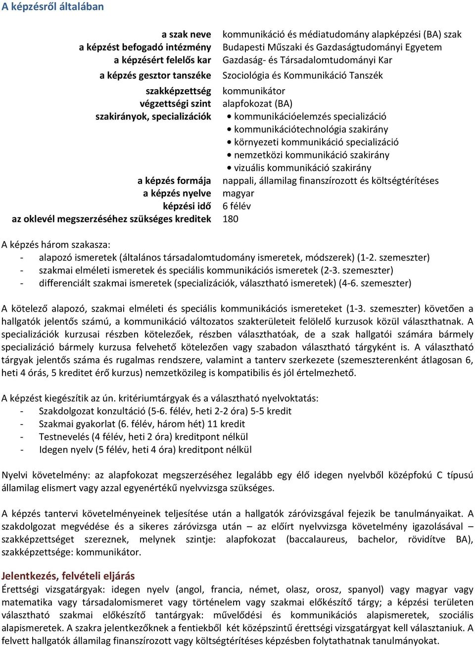 specializáció kommunikációtechnológia szakirány környezeti kommunikáció specializáció nemzetközi kommunikáció szakirány vizuális kommunikáció szakirány a képzés formája nappali, államilag