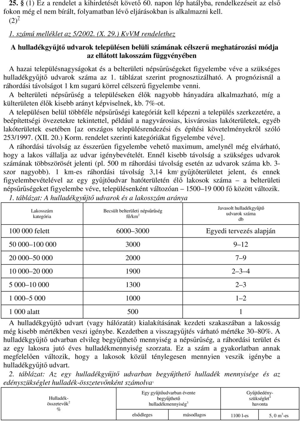 ) KvVM rendelethez A hulladékgyűjtő udvarok településen belüli számának célszerű meghatározási módja az ellátott lakosszám függvényében A hazai településnagyságokat és a belterületi népsűrűségeket