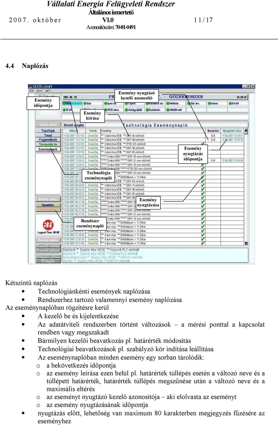 Technológiánkénti események naplózása Rendszerhez tartozó valamennyi esemény naplózása Az eseménynaplóban rögzítésre kerül A kezelő be és kijelentkezése Az adatátviteli rendszerben történt változások