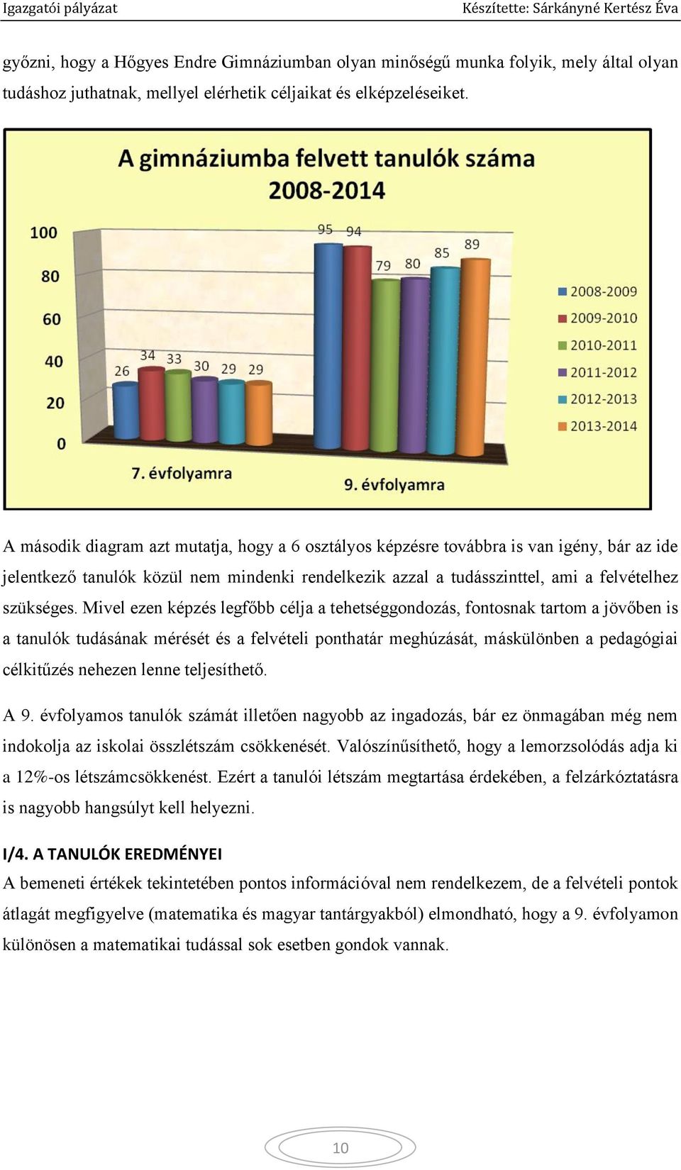 Mivel ezen képzés legfőbb célja a tehetséggondozás, fontosnak tartom a jövőben is a tanulók tudásának mérését és a felvételi ponthatár meghúzását, máskülönben a pedagógiai célkitűzés nehezen lenne