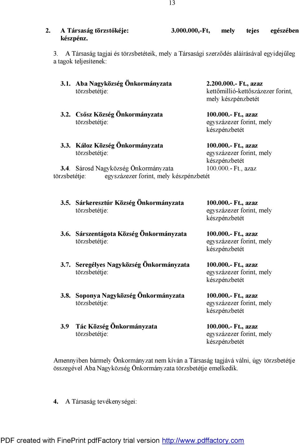 Sárosd Nagyközség Önkormányzata 100.000.- Ft., azaz 3.5. Sárkeresztúr Község Önkormányzata 100.000.- Ft., azaz 3.6. Sárszentágota Község Önkormányzata 100.000.- Ft., azaz 3.7.