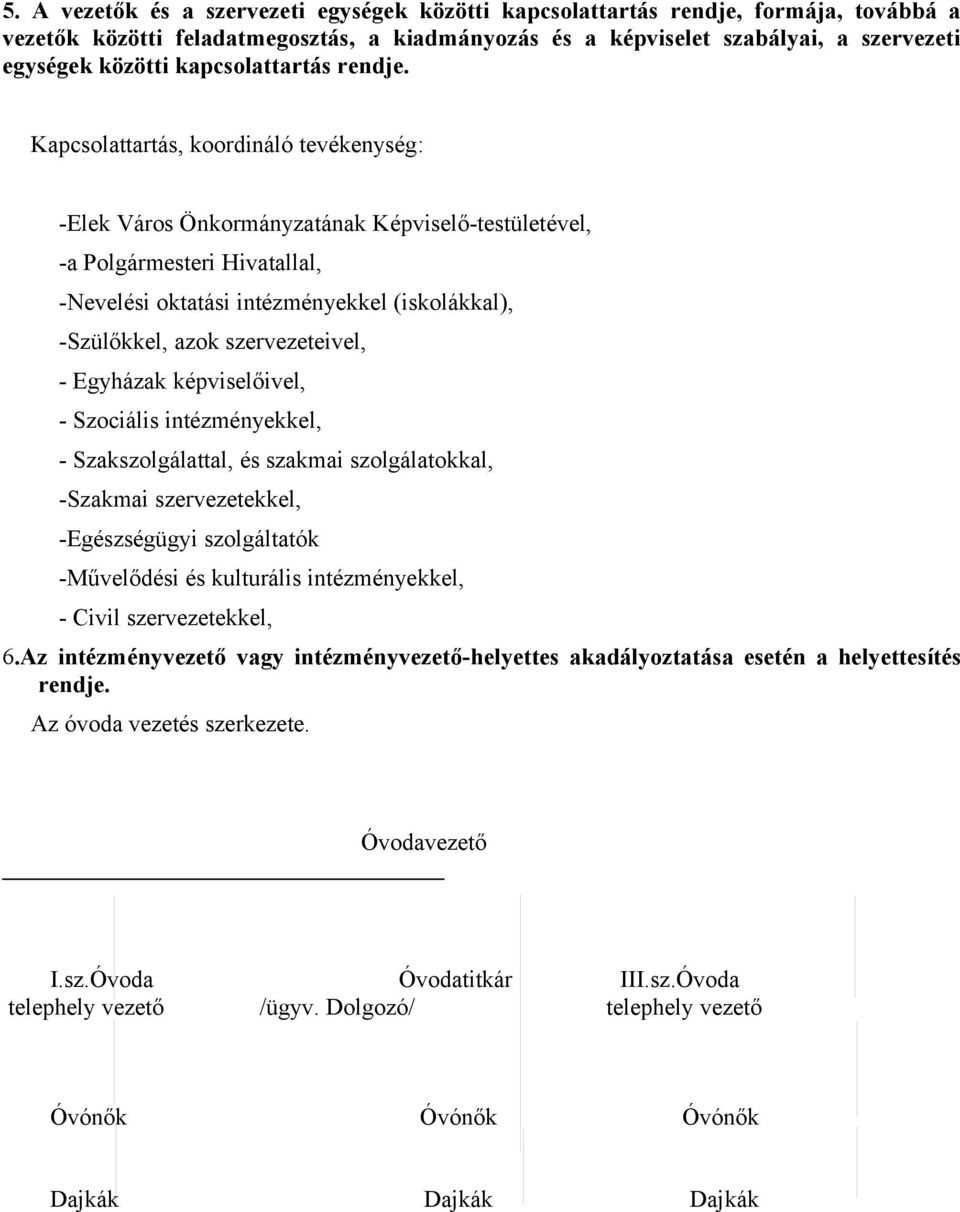 Kapcsolattartás, koordináló tevékenység: -Elek Város Önkormányzatának Képviselő-testületével, -a Polgármesteri Hivatallal, -Nevelési oktatási intézményekkel (iskolákkal), -Szülőkkel, azok