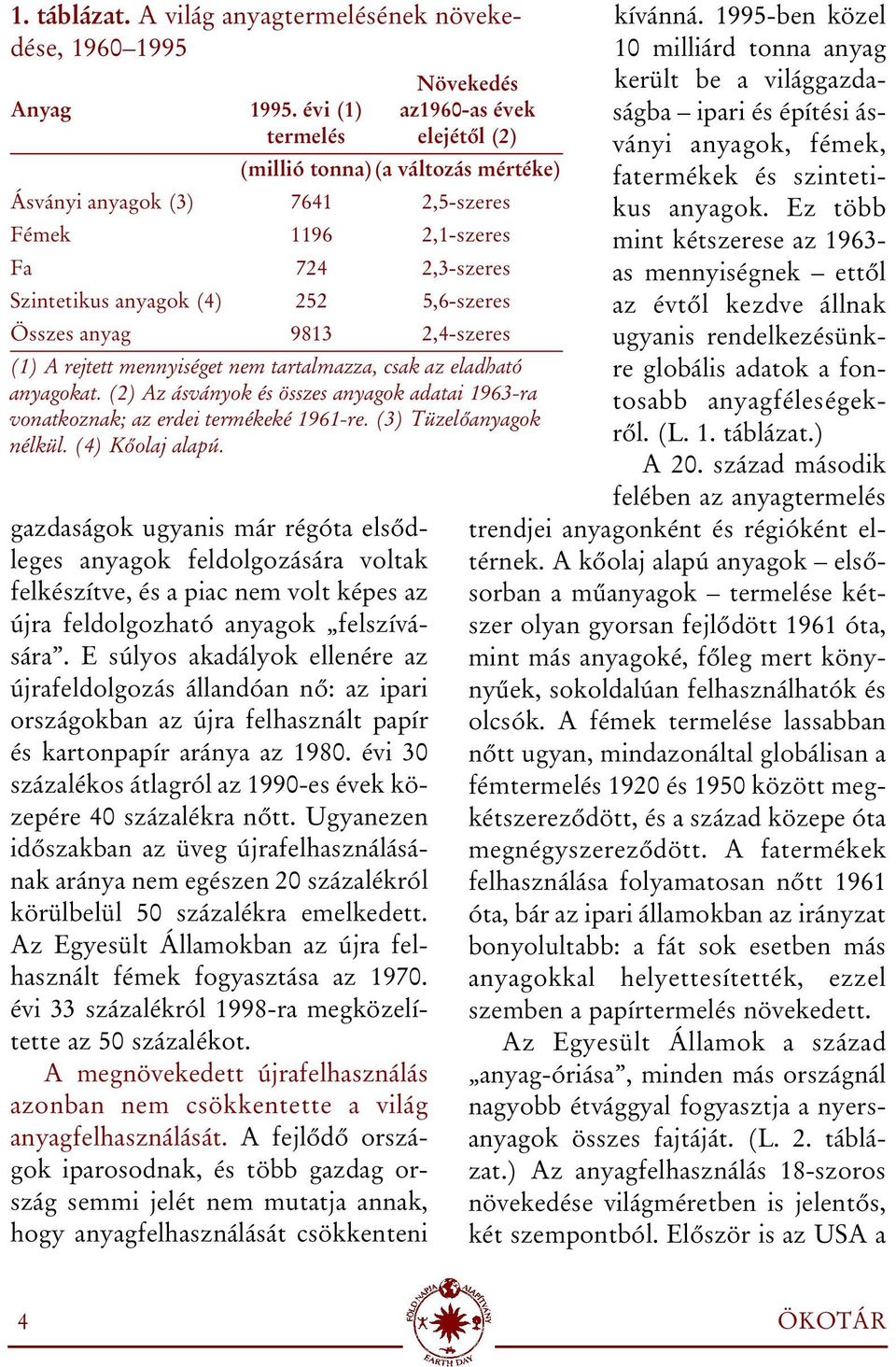 Összes anyag 9813 2,4-szeres (1) A rejtett mennyiséget nem tartalmazza, csak az eladható anyagokat. (2) Az ásványok és összes anyagok adatai 1963-ra vonatkoznak; az erdei termékeké 1961-re.