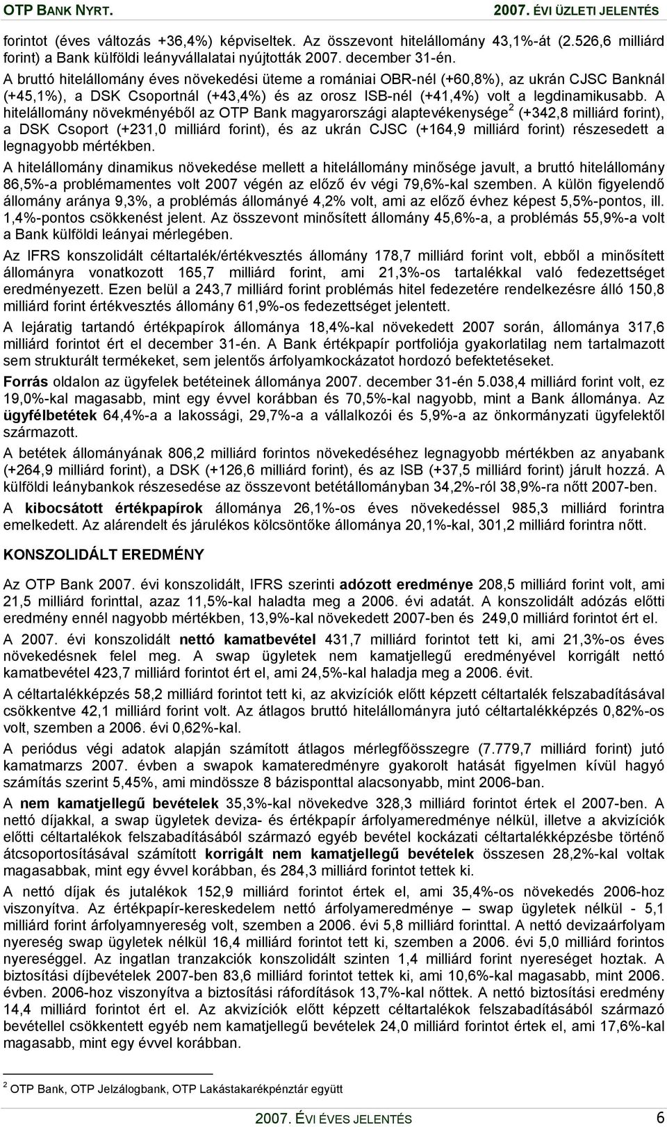 A hitelállomány növekményéből az OTP Bank magyarországi alaptevékenysége 2 (+342,8 milliárd forint), a DSK Csoport (+231,0 milliárd forint), és az ukrán CJSC (+164,9 milliárd forint) részesedett a