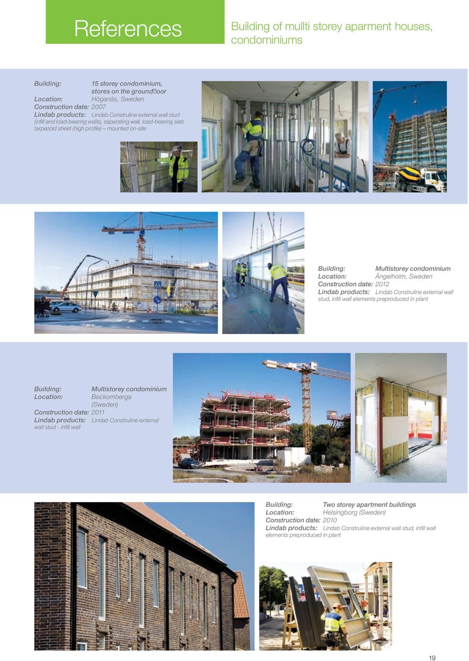 Lindb producs: Lindb Consruline exernl wll sud, infill wll elemens preproduced in pln Building: Locion: Mulisorey condominium Beckomberg (Sweden) Consrucion de: 0 Lindb producs: Lindb