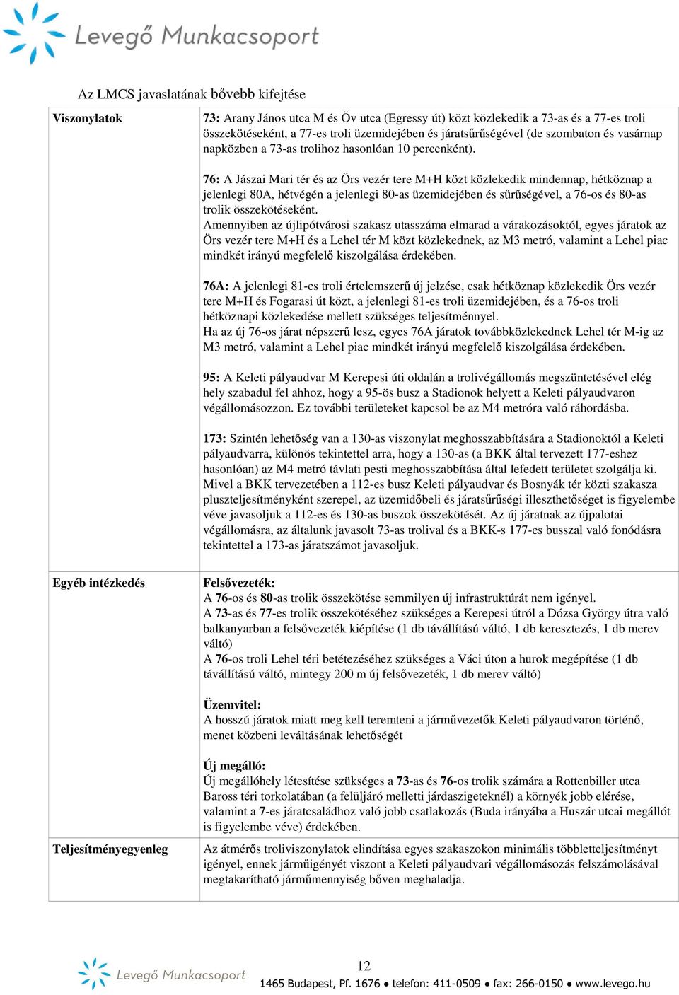 76: A Jászai Mari tér és az Örs vezér tere M+H közt közlekedik mindennap, hétköznap a jelenlegi 80A, hétvégén a jelenlegi 80-as üzemidejében és sűrűségével, a 76-os és 80-as trolik összekötéseként.