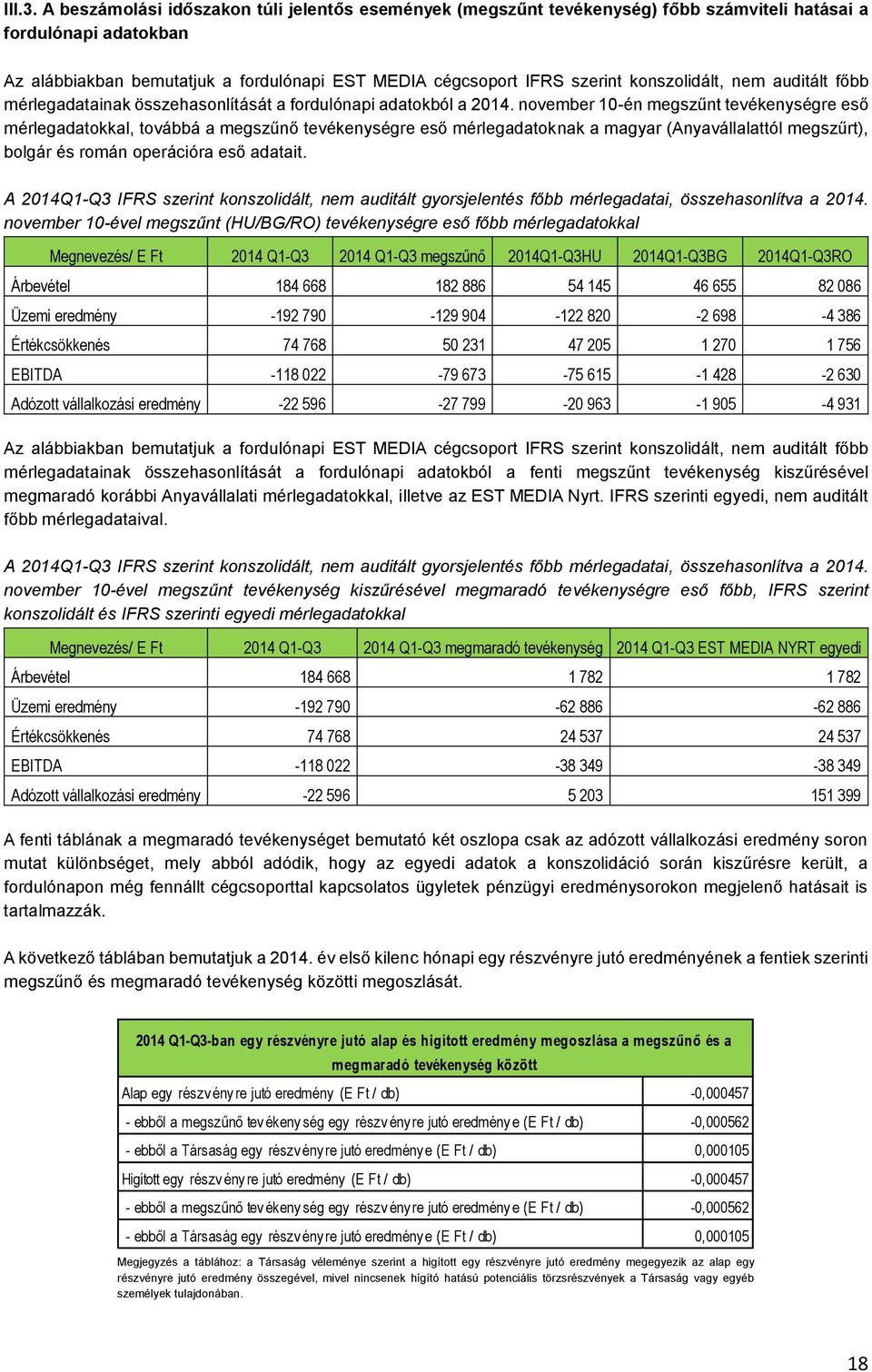 konszolidált, nem auditált főbb mérlegadatainak összehasonlítását a fordulónapi adatokból a 2014.