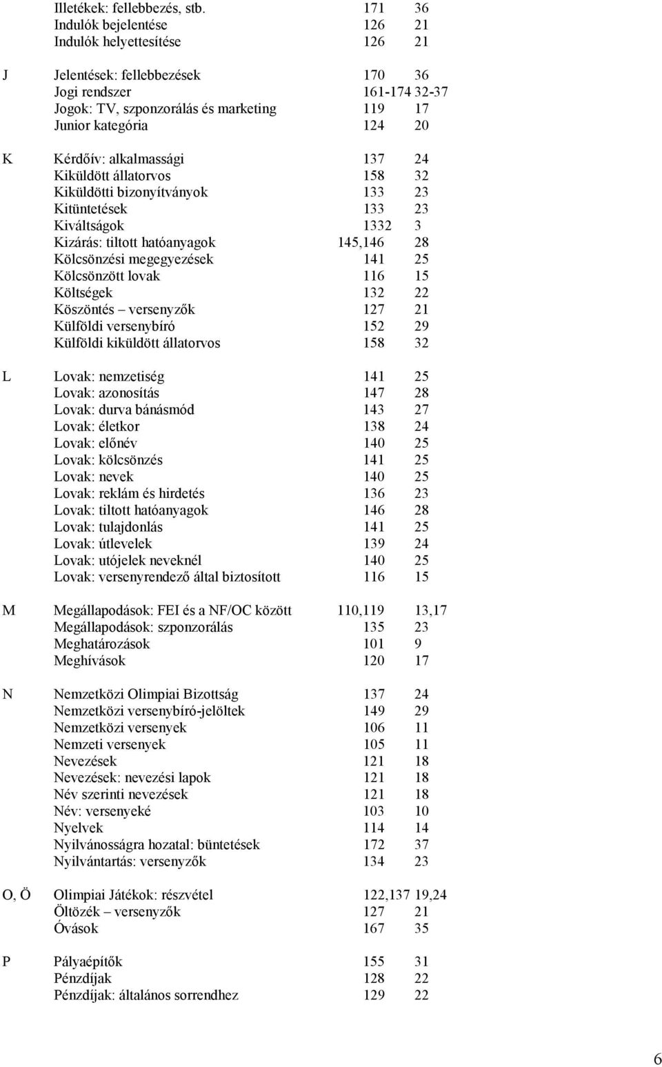 Kérdıív: alkalmassági 137 24 Kiküldött állatorvos 158 32 Kiküldötti bizonyítványok 133 23 Kitüntetések 133 23 Kiváltságok 1332 3 Kizárás: tiltott hatóanyagok 145,146 28 Kölcsönzési megegyezések 141