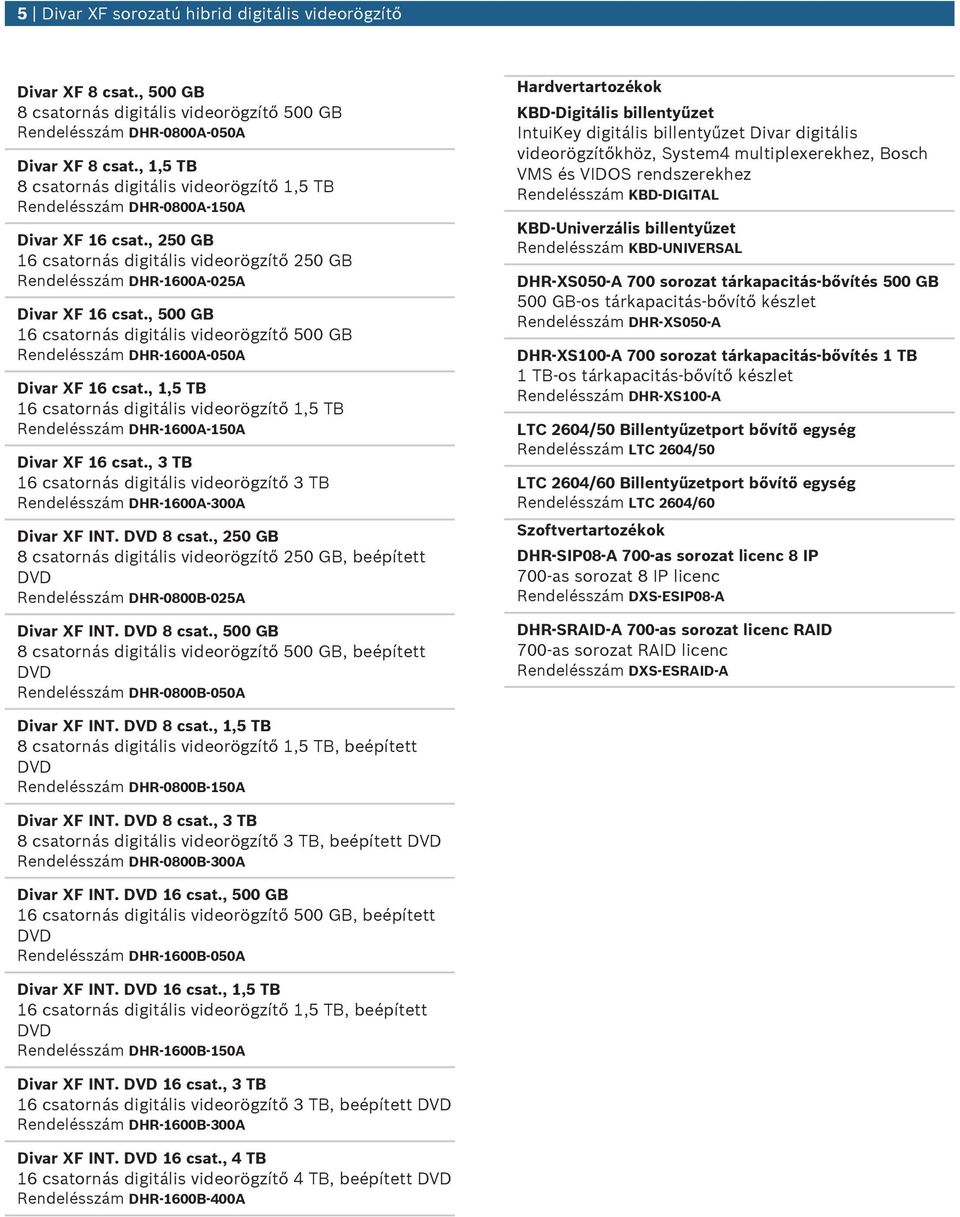 , 500 G 16 csatornás digitális videorögzítő 500 G Rendelésszám DHR-1600-050 Divar XF 16 csat., 1,5 T 16 csatornás digitális videorögzítő 1,5 T Rendelésszám DHR-1600-150 Divar XF 16 csat.