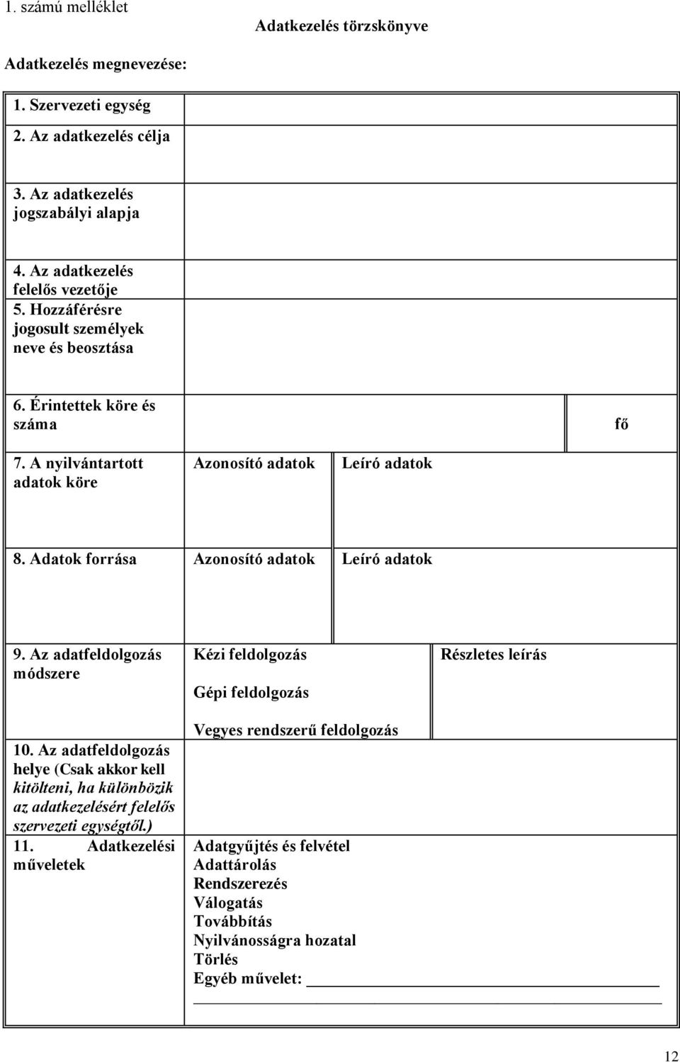 Adatok forrása Azonosító adatok Leíró adatok 9. Az adatfeldolgozás módszere Kézi feldolgozás Gépi feldolgozás Részletes leírás 10.