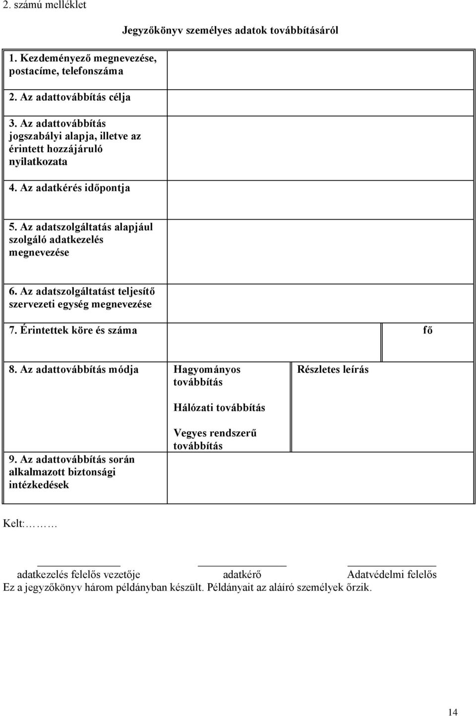 Az adatszolgáltatás alapjául szolgáló adatkezelés megnevezése 6. Az adatszolgáltatást teljesítő szervezeti egység megnevezése 7. Érintettek köre és száma fő 8.