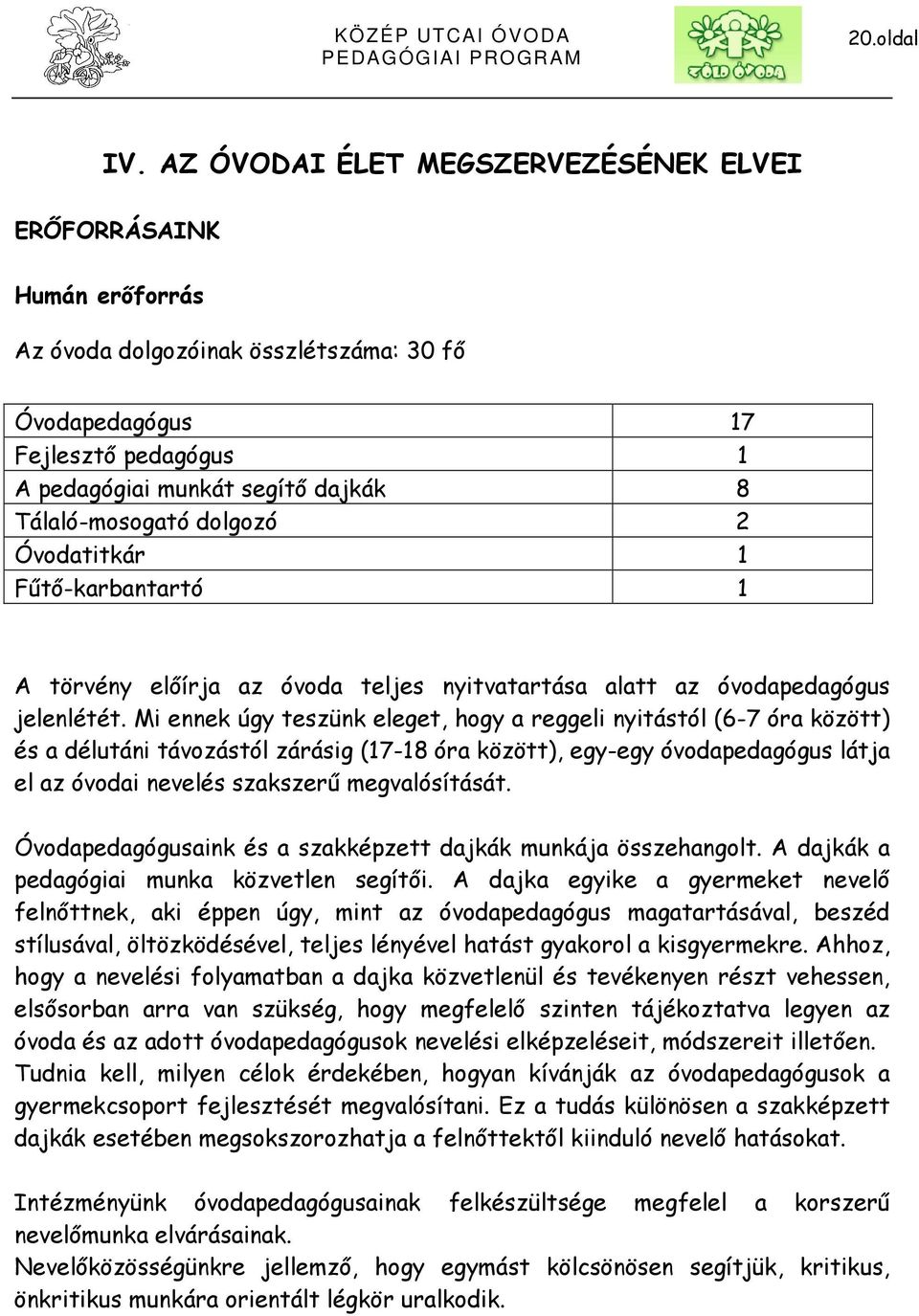 Tálaló-mosogató dolgozó 2 Óvodatitkár 1 Fűtő-karbantartó 1 A törvény előírja az óvoda teljes nyitvatartása alatt az óvodapedagógus jelenlétét.