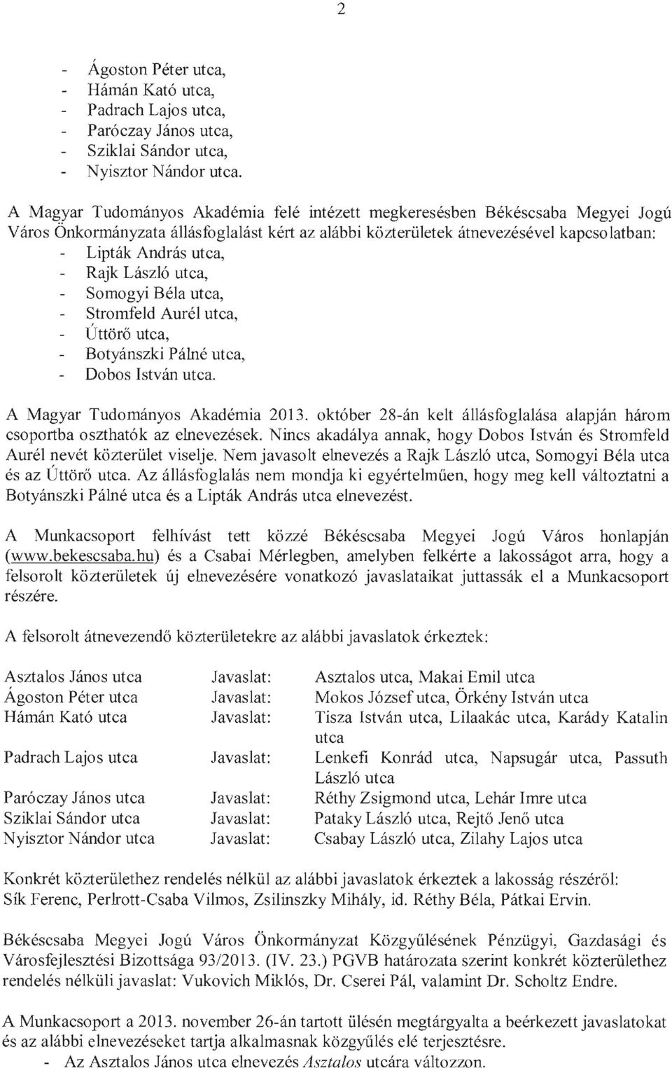 László utca, Somogyi Béla utca, Stromfeld Aurél utca, Úttörő utca, Botyánszki Pálné utca, Dobos István utca. A Magyar Tudományos Akadémia 2013.