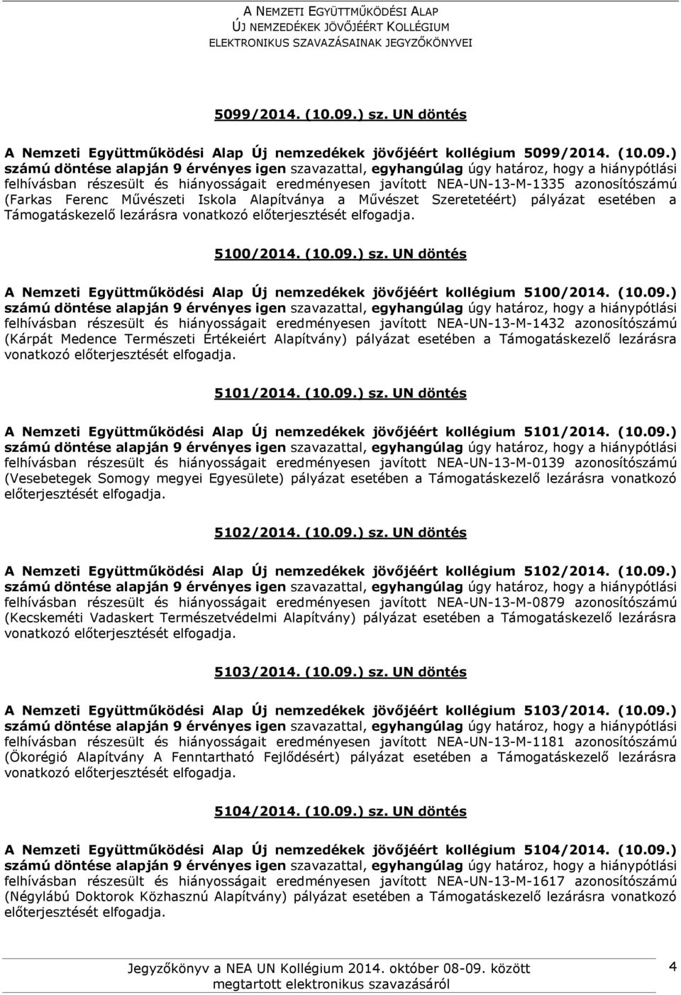 UN döntés A Nemzeti Együttműködési Alap Új nemzedékek jövőjéért kollégium 5100/2014. (10.09.