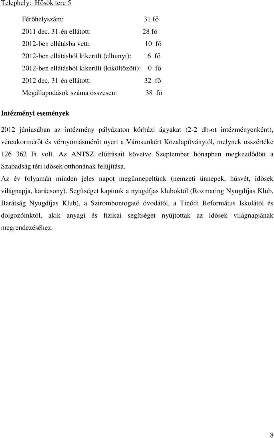 31-én ellátott: 32 fı Megállapodások száma összesen: 38 fı Intézményi események 2012 júniusában az intézmény pályázaton kórházi ágyakat (2-2 db-ot intézményenként), vércukormérıt és vérnyomásmérıt