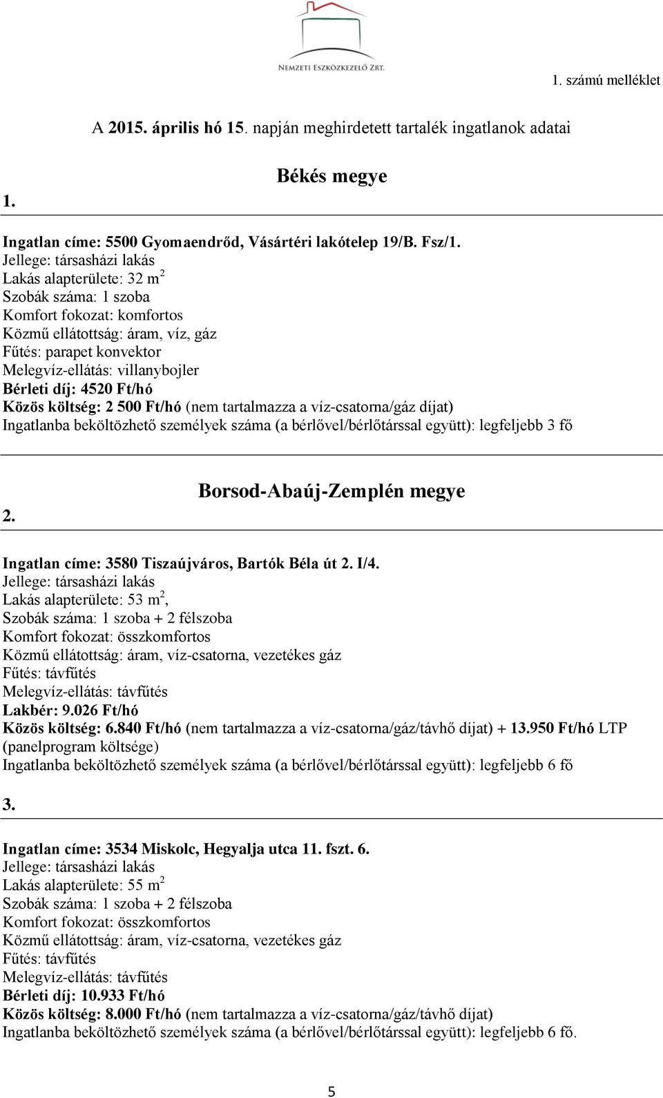 Bérleti díj: 4520 Ft/hó Közös költség: 2 500 Ft/hó (nem tartalmazza a víz-csatorna/gáz díjat) Ingatlanba beköltözhető személyek száma (a bérlővel/bérlőtárssal együtt): legfeljebb 3 fő 2.