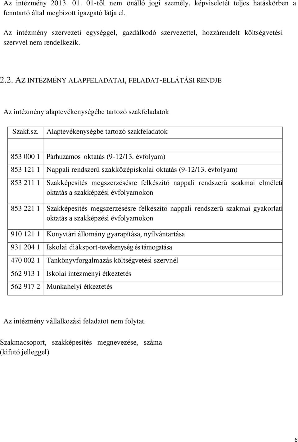 2. AZ INTÉZMÉNY ALAPFELADATAI, FELADAT-ELLÁTÁSI RENDJE Az intézmény alaptevékenységébe tartozó szakfeladatok Szakf.sz. Alaptevékenységbe tartozó szakfeladatok 853 000 1 Párhuzamos oktatás (9-12/13.