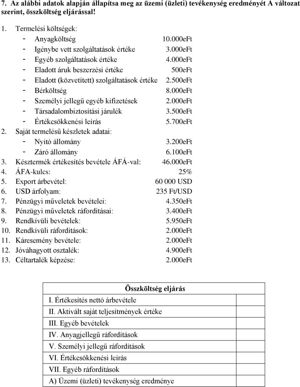 500eFt - Bérköltség 8.000eFt - Személyi jellegű egyéb kifizetések 2.000eFt - Társadalombiztosítási járulék 3.500eFt - Értékcsökkenési leírás 5.700eFt 2.