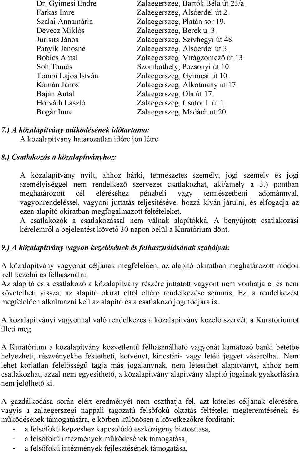 Tombi Lajos István Zalaegerszeg, Gyimesi út 10. Kámán János Zalaegerszeg, Alkotmány út 17. Baján Antal Zalaegerszeg, Ola út 17. Horváth László Zalaegerszeg, Csutor I. út 1. Bogár Imre Zalaegerszeg, Madách út 20.