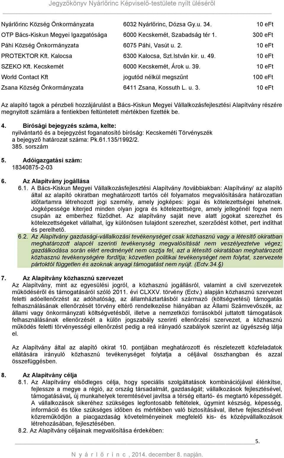 10 eft World Contact Kft jogutód nélkül megszűnt 100 eft Zsana Község Önkormányzata 6411 Zsana, Kossuth L. u. 3.