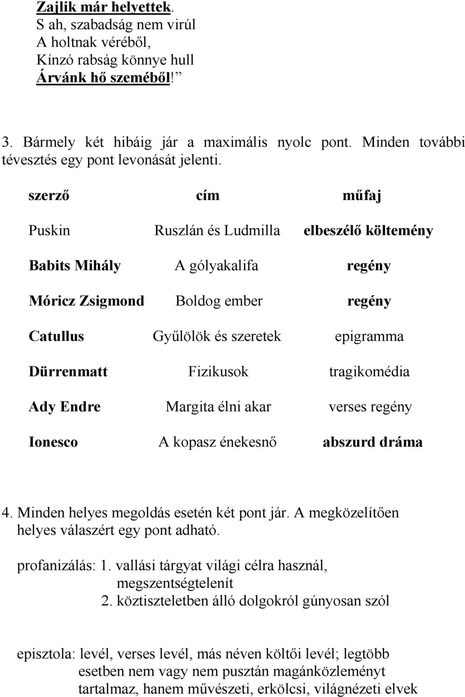 szerző cím műfaj Puskin Ruszlán és Ludmilla elbeszélő költemény Babits Mihály A gólyakalifa regény Móricz Zsigmond Boldog ember regény Catullus Gyűlölök és szeretek epigramma Dürrenmatt Fizikusok