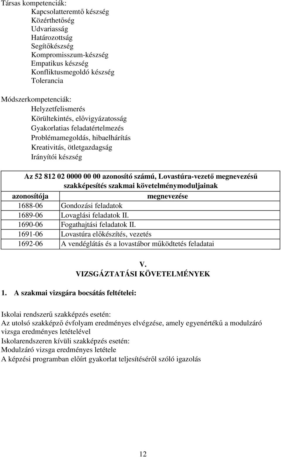 Lovastúra-vezető megnevezésű szakképesítés szakmai követelménymoduljainak azonosítója megnevezése 1688-06 Gondozási feladatok 1689-06 Lovaglási feladatok II. 1690-06 Fogathajtási feladatok II.