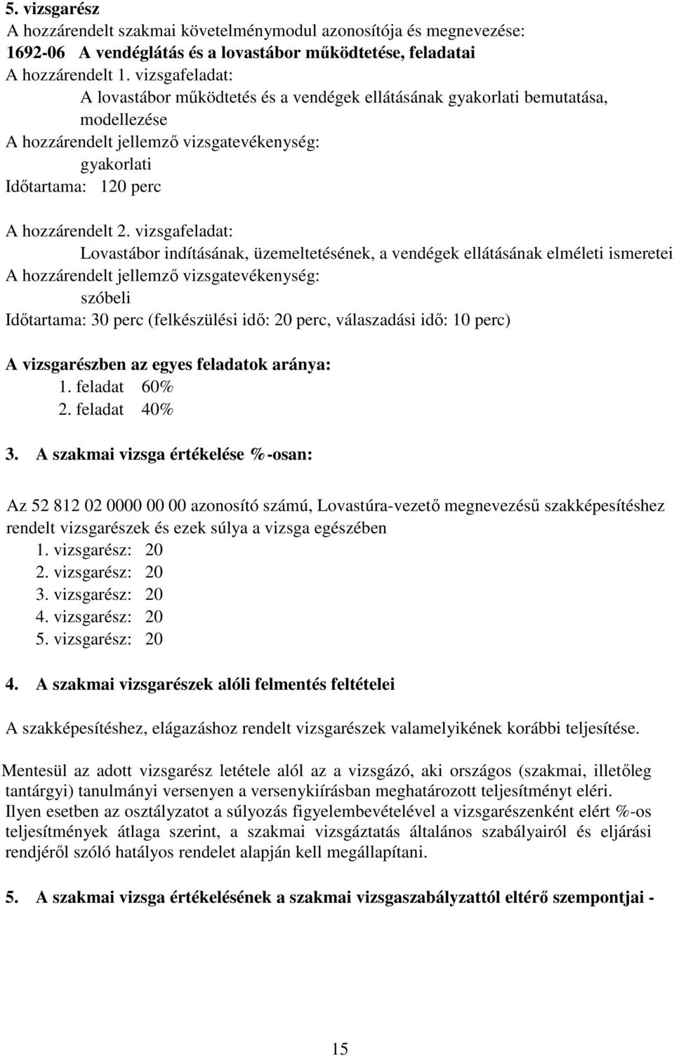 vizsgafeladat: Lovastábor indításának, üzemeltetésének, a vendégek ellátásának elméleti ismeretei szóbeli Időtartama: 30 perc (felkészülési idő: 20 perc, válaszadási idő: 10 perc) A vizsgarészben az