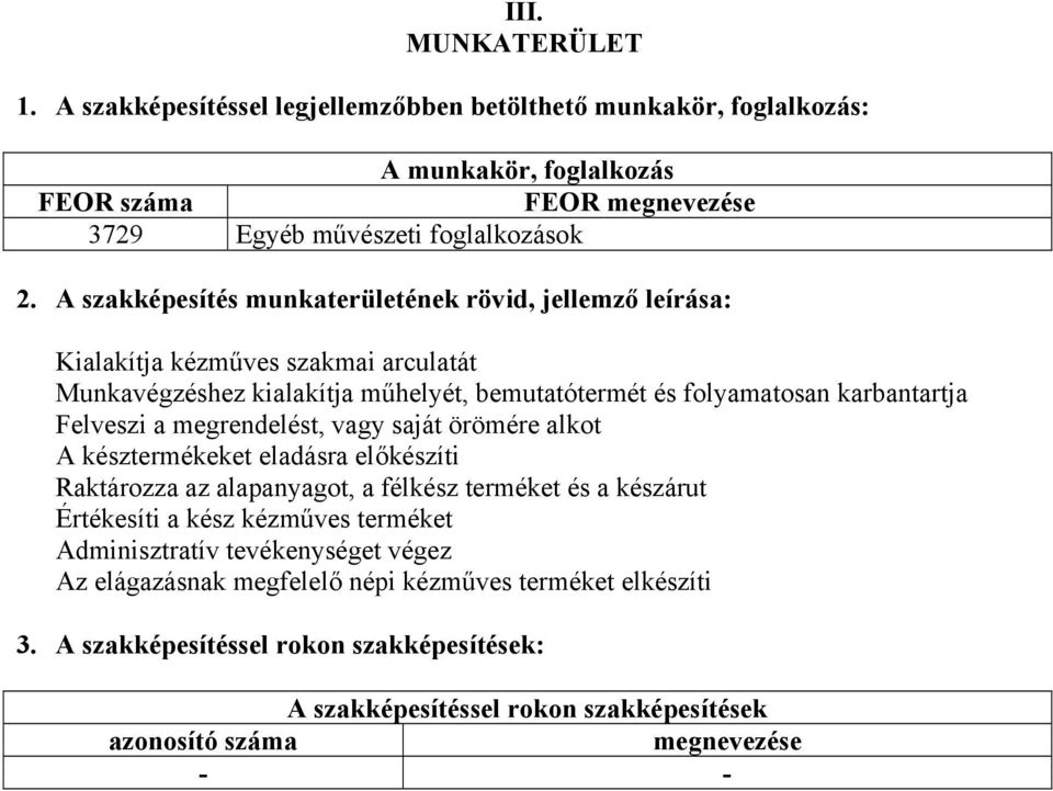 megrendelést, vagy saját örömére alkot A késztermékeket eladásra előkészíti Raktározza az alapanyagot, a félkész terméket és a készárut Értékesíti a kész kézműves terméket Adminisztratív