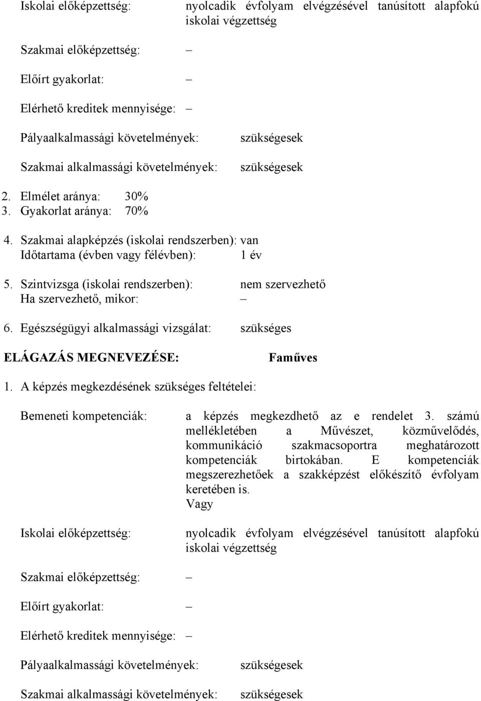 Szintvizsga (iskolai rendszerben): nem szervezhető Ha szervezhető, mikor: 6. Egészségügyi alkalmassági vizsgálat: szükséges ELÁGAZÁS MEGNEVEZÉSE: Faműves 1.