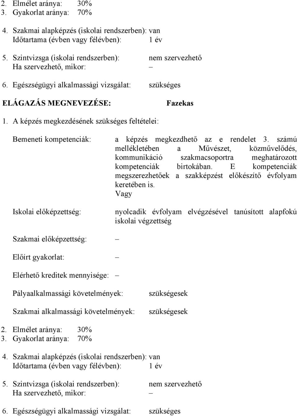 A képzés megkezdésének szükséges feltételei: Bemeneti kompetenciák: Iskolai előképzettség: a képzés megkezdhető az e rendelet 3.