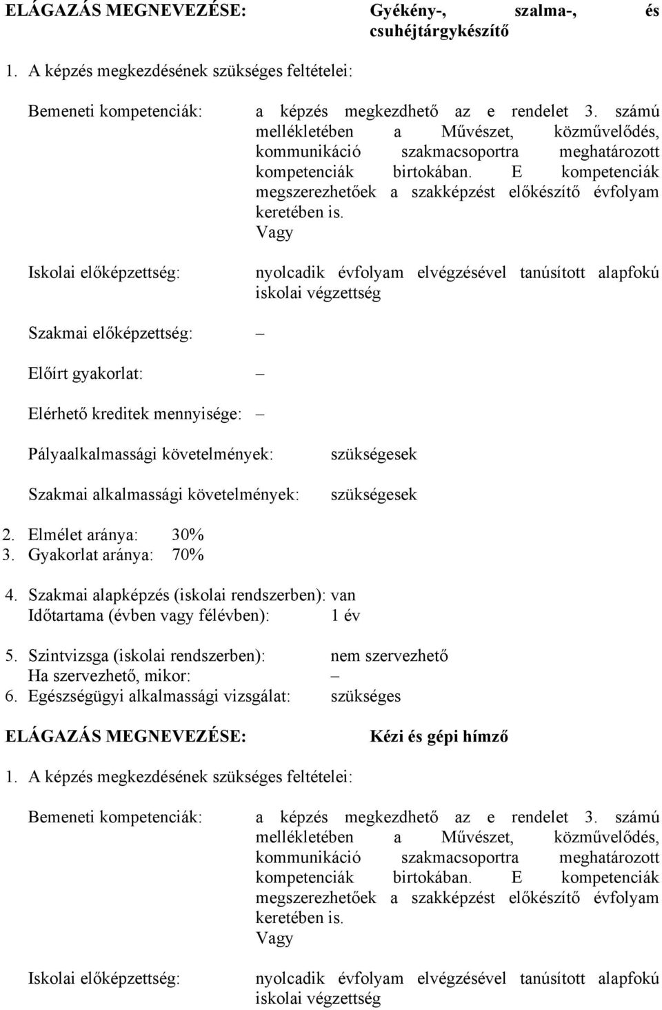 Vagy nyolcadik évfolyam elvégzésével tanúsított alapfokú iskolai végzettség Szakmai előképzettség: Előírt gyakorlat: Elérhető kreditek mennyisége: Pályaalkalmassági követelmények: Szakmai