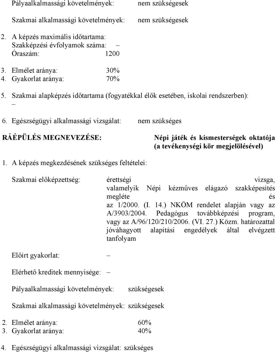 Egészségügyi alkalmassági vizsgálat: nem szükséges RÁÉPÜLÉS MEGNEVEZÉSE: Népi játék és kismesterségek oktatója (a tevékenységi kör megjelölésével) 1.