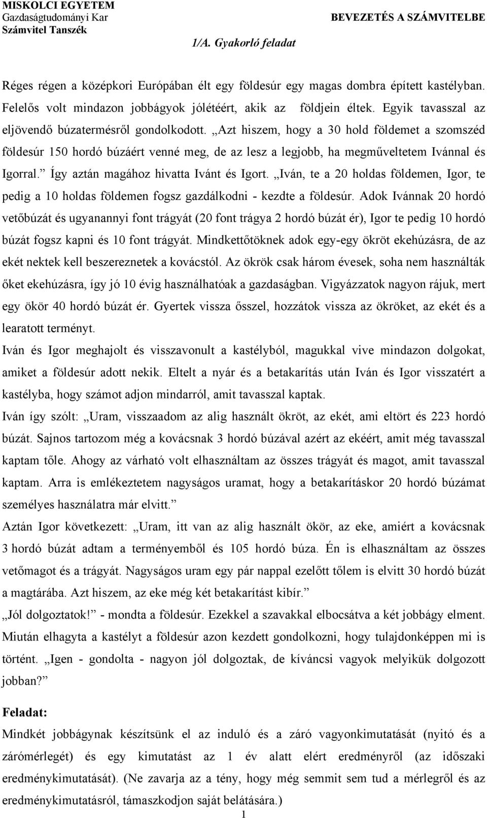 Így aztán magához hivatta Ivánt és Igort. Iván, te a 20 holdas földemen, Igor, te pedig a 10 holdas földemen fogsz gazdálkodni - kezdte a földesúr.