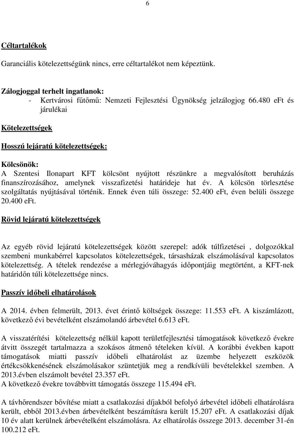 visszafizetési határideje hat év. A kölcsön törlesztése szolgáltatás nyújtásával történik. Ennek éven túli összege: 52.400 eft,