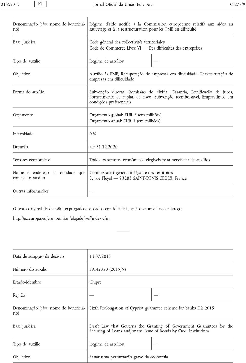 auxílio Orçamento Auxílio às PME, Recuperação de empresas em dificuldade, Reestruturação de empresas em dificuldade Subvenção directa, Remissão de dívida, Garantia, Bonificação de juros, Fornecimento