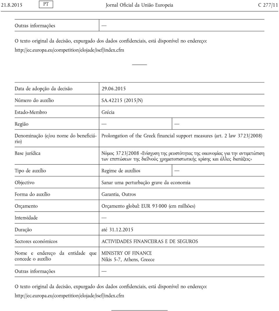 42215 (2015/N) Grécia Região Denominação (e/ou nome do beneficiário) Base jurídica Prolongation of the Greek financial support measures (art.