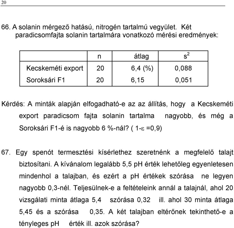 hogy a Kecskeméti export paradicsom fajta solanin tartalma nagyobb, és még a Soroksári F1-é is nagyobb 6 %-nál? ( 1-ε =0,9) 67.