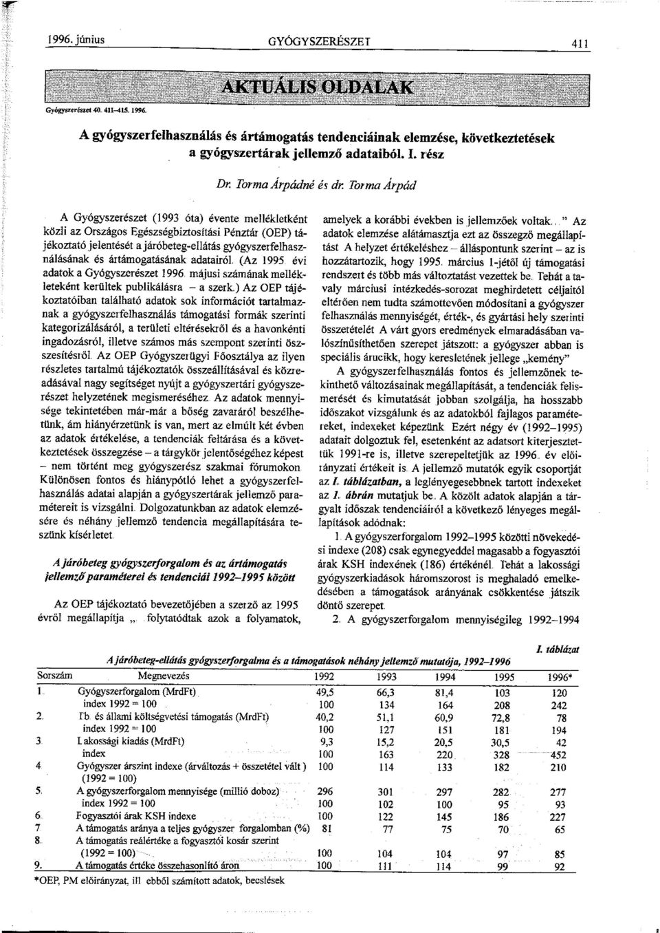 Torma Árpád A Gyógyszerészet (1993 óta) évente mellékletként közli az Országos Egészségbiztosítási Pénztár (OEP) tájékoztató jelentését a járóbeteg-ellátás gyógyszerfelhasználásának és